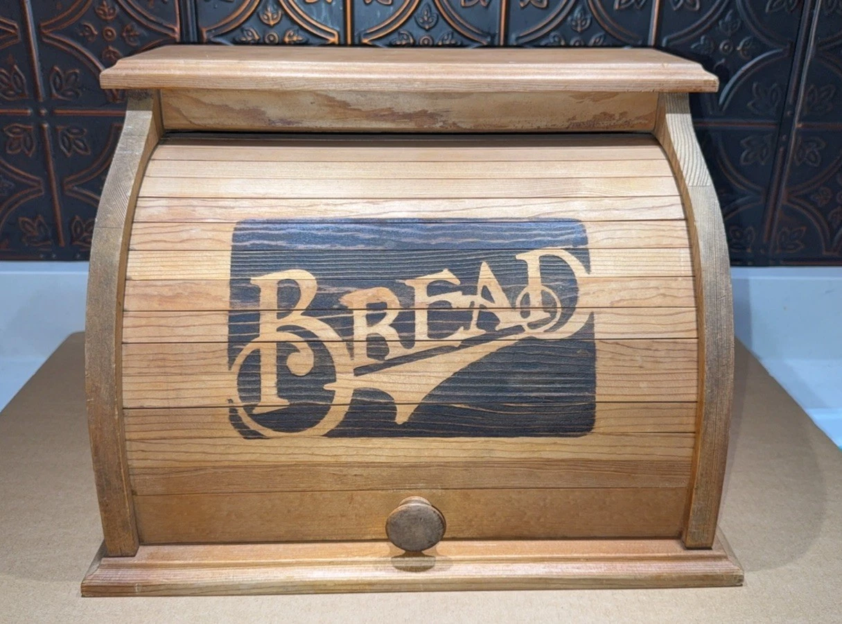 Vintage Antique Wooden Roll Top Bread Box with Wood Burned “BREAD” Lettering