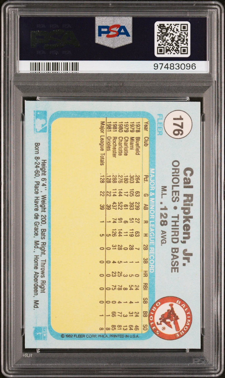 1982 Fleer Cal Ripken JR. #176 PSA 9 view 2
