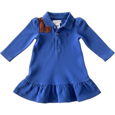 Ralph Lauren Polo Dress Baby Girls 6M Blue Long Sleeve Ruffle Equestrian Preppy