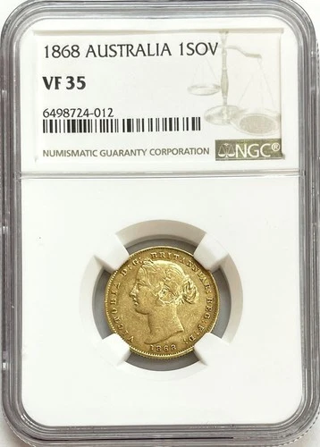 1868 GOLD AUSTRALIA YOUNG HEAD SOVEREIGN COIN NGC VERY FINE 35 EARLY DATE