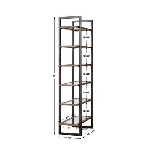 Uttermost Olwyn 6-Shelf Iron and Glass Bookcase in Driftwood and Aged Steel - Picture 7 of 7
