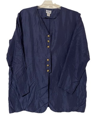 Bedford Fair 100% Silk Blue Blouse Sz PL Petite Vintage Navy 90s 80s