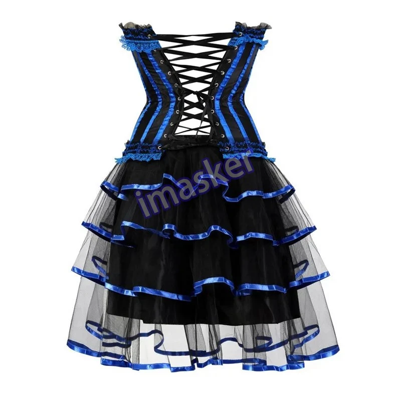 Corset Dress And Skirt Set Vintage Striped Floral Lace Dress Corset Bustier Top - Image 3 of 4