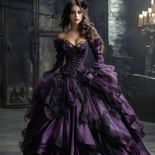 Vintage Dark Purple Black Prom Dress Ruffle Gothic Off-Shoulder Long Sleeve Gown