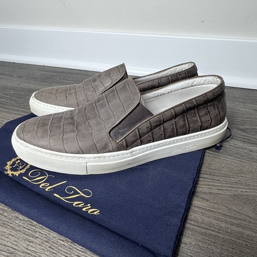 Del Toro Taupe Brown Croc Embossed Leather Slip On Casual Sneakers 11