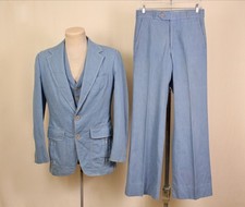 Mens VTG 70s Light Blue Denim 3 PC Leisure Suit Sz S 1970s Disco