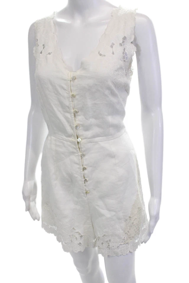 Zimmermann Womens Linen Floral Lace Trim Sleeveless Romper White Size 1 - Image 2 of 4