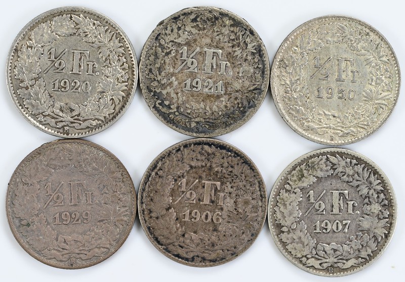 1906-1950 Silver 1/2 Francs from Switzerland Lot of 6