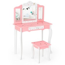 Kids Vanity Princess Makeup Dressing Table Chair Set W/ Tri-folding Mirror Pink