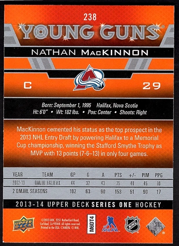 NATHAN MacKINNON 2013-14 Upper Deck Young Guns #238 Rookie Colorado Avalanche RC - Image 2 of 2