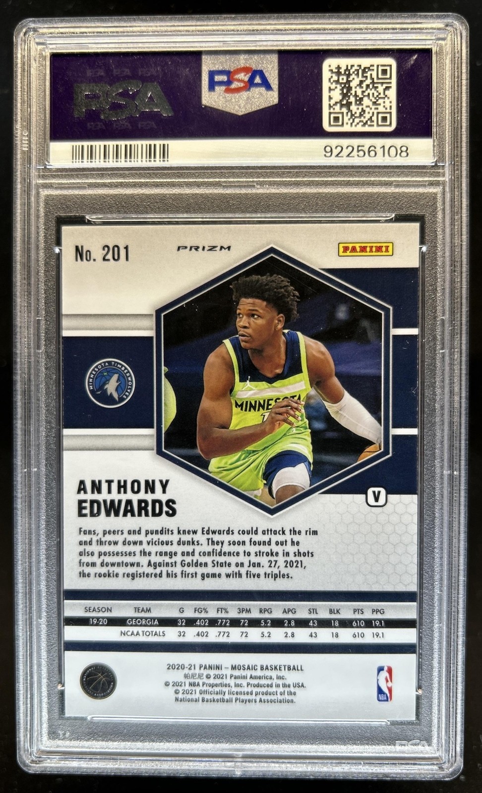 2020-21 Panini Mosaic Anthony Edwards RC Fast Break Silver Rookie #201 PSA 10 view 2