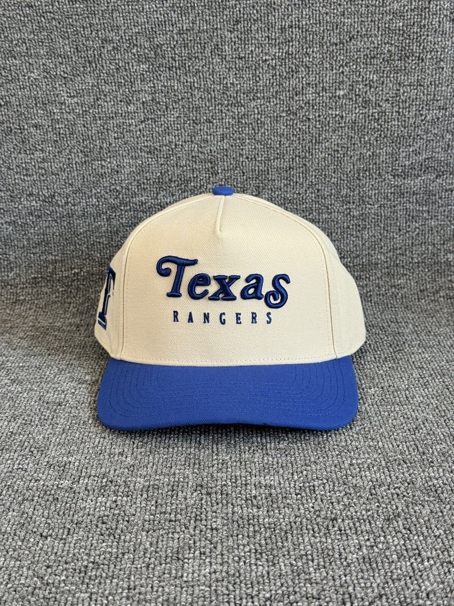 Mitchell & Ness Texas Rangers MLB Snapback Hat Cream Blue Script Logo