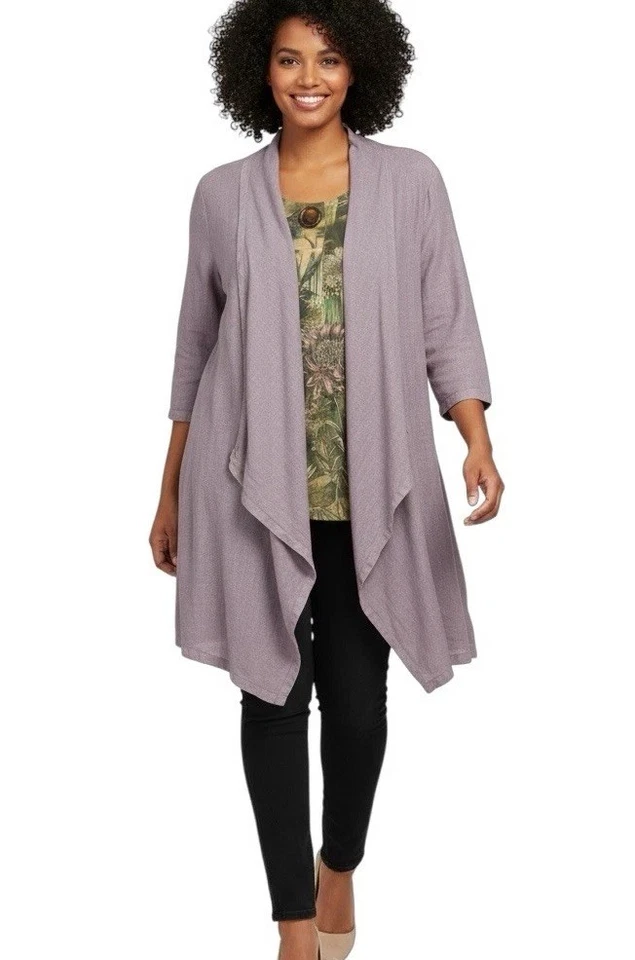 Cárdigan BRYN WALKER 100 % Lino Frente Abierto Lavanda Lagenlook Minimalista Talla XL Foto 4 de 4