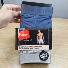 HANES Boxer Briefs Mens Large Blue Gray 3-Pack Originals Ultimate SuperSoft
