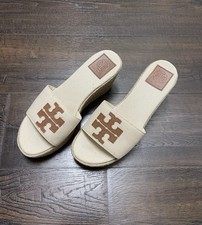 TORY BURCH Weston Wedge Slide Ivory Canvas Jute Espadrille Platform Sandals Sz 7