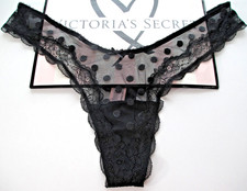 VICTORIA'S SECRET Tease High Leg Thong Panty L Black NWT Mesh Dot VS Lace Trim