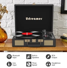 Udreamer R609, 3-Speed Turntable Record Player w/Speakers, USB, Bluetooth, Aux 