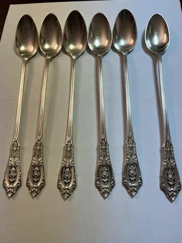 6 Vintage Wallace Rose Point  7 1/2" Sterling Silver Iced Tea Spoons 168 grams