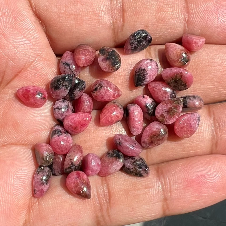 Natural Black Pink Rhodonite Pear 5x7 mm to 18x25 mm Cabochon Loose Gemstone - Image 3 of 4