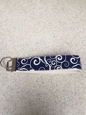 Key Ring Fob - Wristlet Style - Nickel Hardware - Blue with Ivory Swirls - SALE