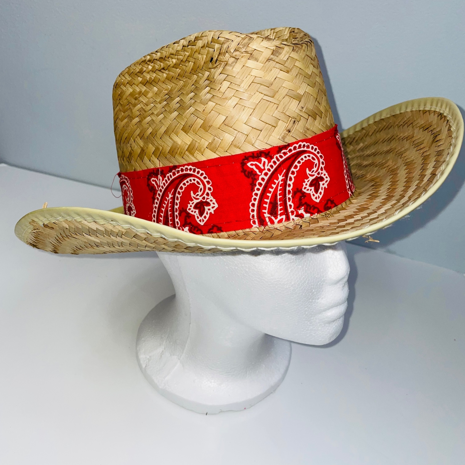 Beige Straw Cowboy Hat Red White Ribbon Western Costu… Gem