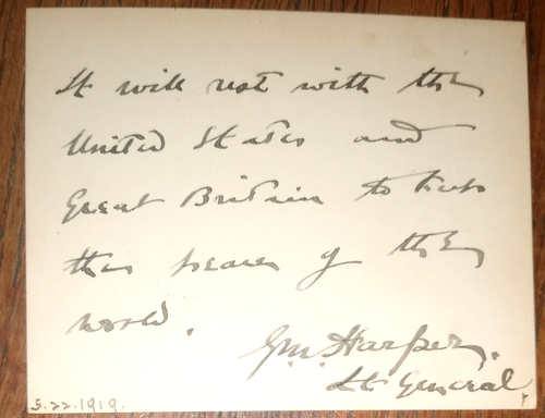 Tarjeta inscrita firmada del teniente general Sir George Montague Harper (1865-1922) -1919