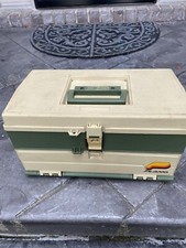 Vtg Plano 707 Tackle Box Tan/Green Fishing Gear Handle 2 Drawer USA w/ Contents