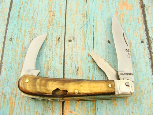 VINTAGE MESSER OHLIG GERMAN HORN FOLDING CORKSCREW POCKET KNIFE BAR KNVES TOOLS