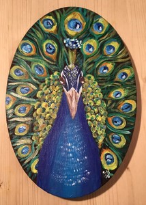 Acrylbild, Pfau des Glücks, Unikat, Leinwand auf ovalem Rahmen
