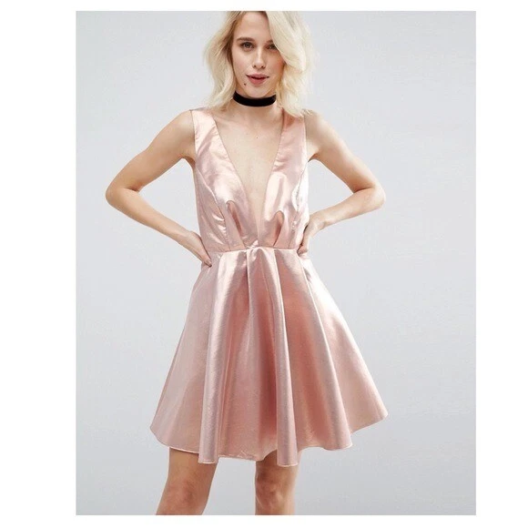 ASOS Metallic Deep Plunge Mini Skater Dress NEW Pink Size 4 eBay