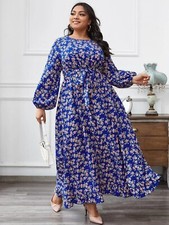 Plus Size Floral Print Bishop Sleeve Belted Dress UK Size 22 Shein Blue Modest 