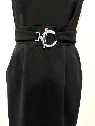White House Black Market Black Ponte Jumper/Dress w/Silver waist buckle Size 4 - Picture 4 of 6
