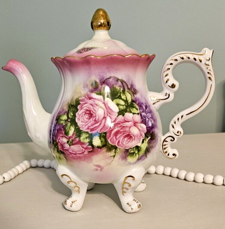 Victoria's Garden Teapot Lowell Ma. Pink Roses Gold Trim 9" x 9" eBay