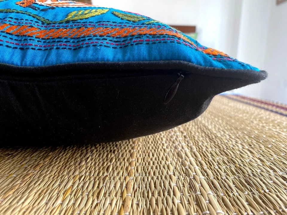 Flora & Fauna Kantha embroidered Cushion cover 14x26 in rectangle, blue - Image 3 of 3