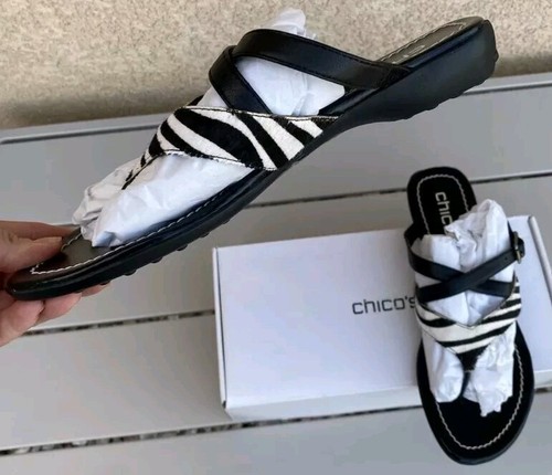 Chicos Terry calf hair zebra print sandals - US 8 - black /white Flip Flops New - Picture 7 of 9