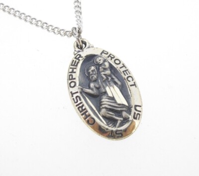 Pendant Anson Sterling silver ST.CHRISTOPHER oval Religious 18'' curb chain