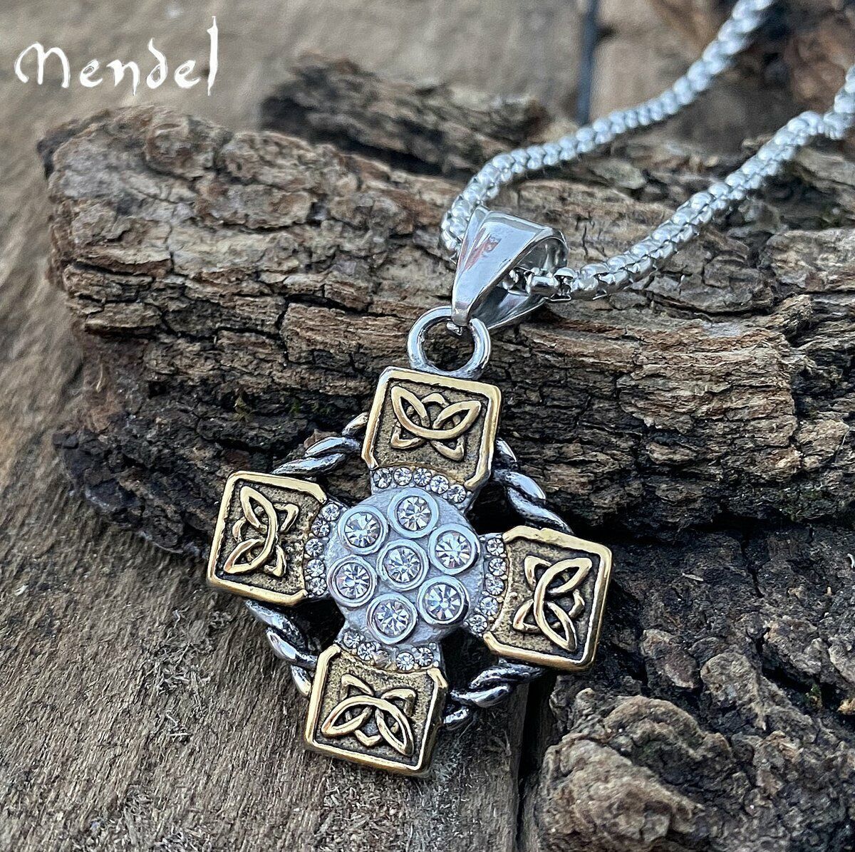MENDEL Womens Stainless Steel Small Irish Celtic Knot CZ Cross Pendant Necklace
