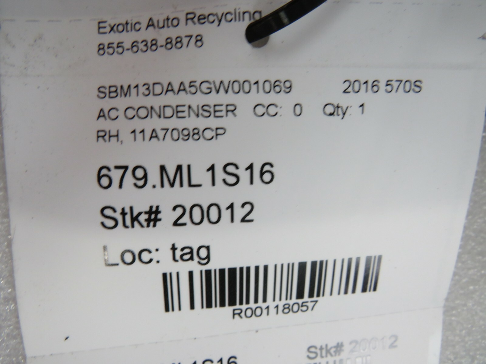McLaren 570S, RH, Right AC Condensor, Used, P/N 11A7098CP