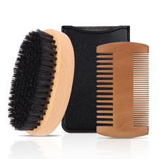 Beard Brush and Comb Set Boar Bristle Wood Brush Pearwood Dual Sided Comb Kit