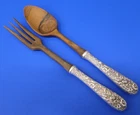 S. Kirk & Son Stieff REPOUSSE Sterling Handle w/ Wood SALAD SERVERS Fork Spoon
