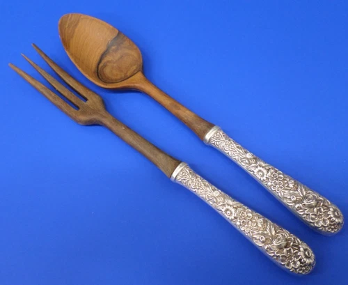 S. Kirk & Son Stieff REPOUSSE Sterling Handle w/ Wood SALAD SERVERS Fork Spoon
