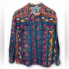 Vintage 90s Southwest Canyon Western Shirt Medium Bold Aztec Geometric Cotton