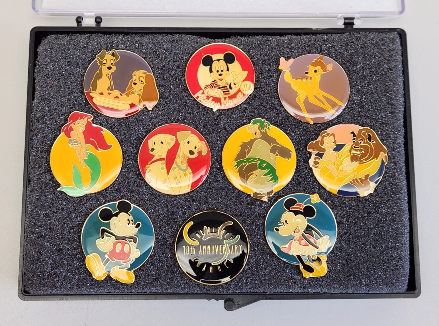 Vintage 1993 Disney Channel 10th Anniversary Set Of 10 Pins Mickey Ariel & Bambi