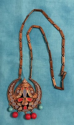 FLORENZA Vintage Etruscan Revival Necklace Egyptian Mayan Gold-tone Teal Red