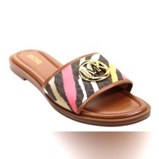 NEW Michael Kors MK Designer Brown Pink Multi-Color Animal Zebra Slide Sandals 6