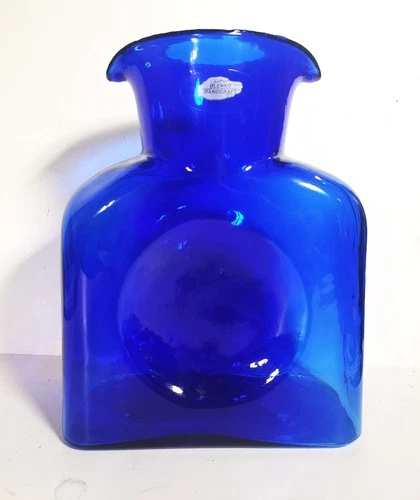 Blenko Cobalt Blue Glass Water Bottle with Double Spout 8" Sticker 2002