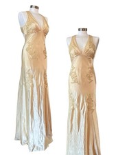 Vintage Y2K Gold Fairy Floral Formal Wedding Prom Beaded Dress Gown Size Small