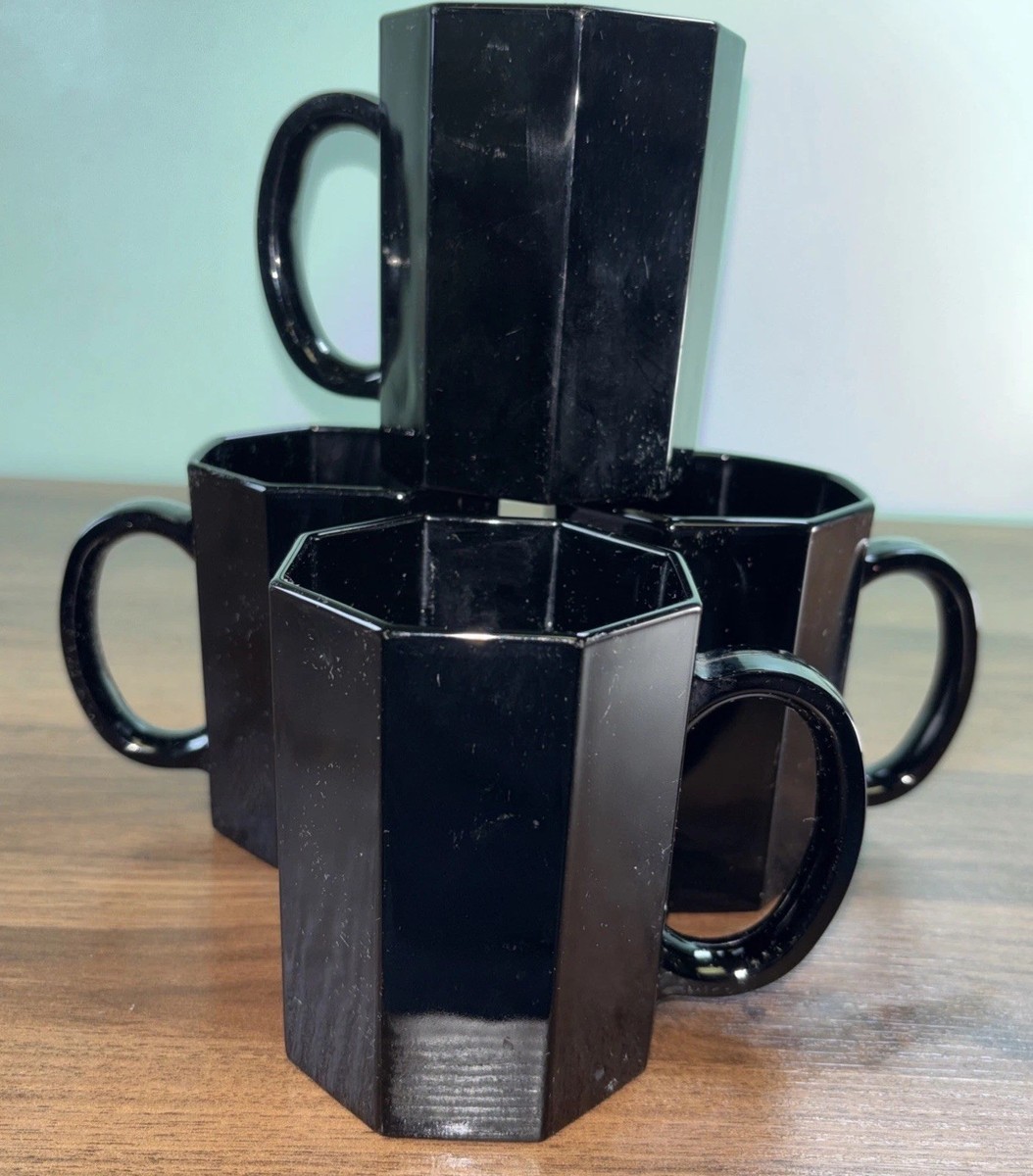 Arcoroc Octime Black Glass Octagon Set Of 4 Glasses Coffee Mugs France  Vintage | eBay