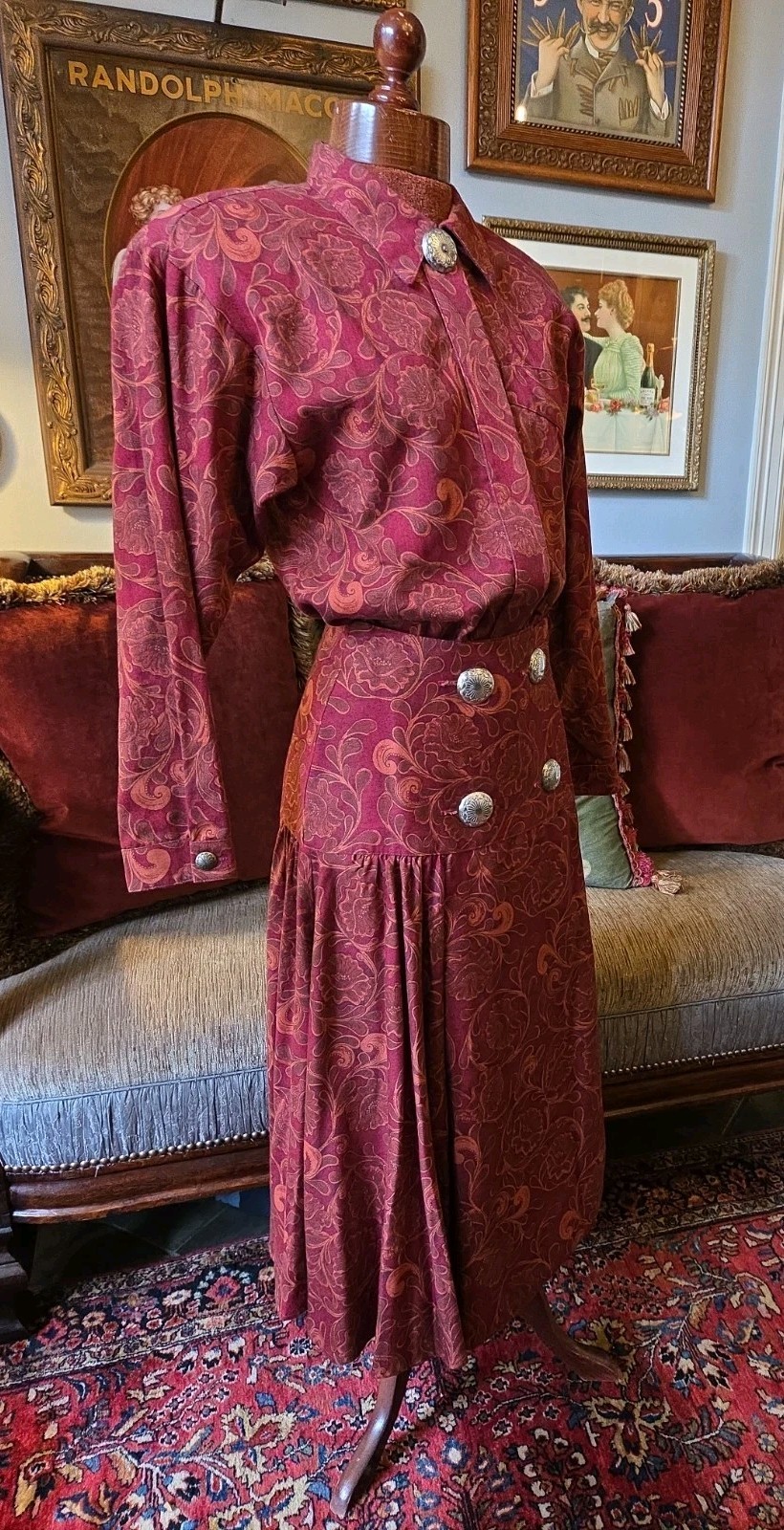 Hairston & Roberson Ropa Western Skirt & Blouse Sterling Buttons Sz S 1990's VTG image 5