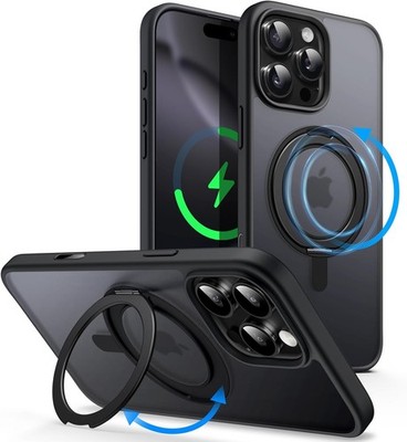 JETech 360° Drehbare Ring Hülle iPhone 16 Pro 6,3'' MagSafe Schwarz Titan Ständer